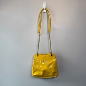 Kate Landry Patent Faux Leather Kiss Lock Yellow Crossbody Bag Purse Gold Chain